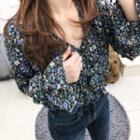 Ruffled Floral Pattern Chiffon Blouse With Scarf