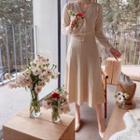 Set: V-neck Cardigan + Spaghetti-strap Pleated-hem Dress