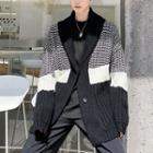Long-sleeve Color Block Thick Cardigan Black - One Size