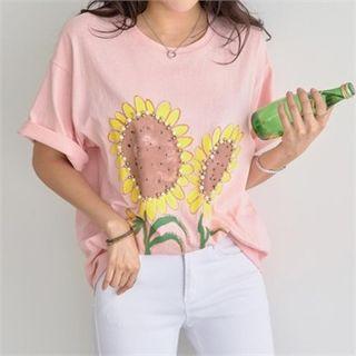 Beaded Sunflower-print T-shirt