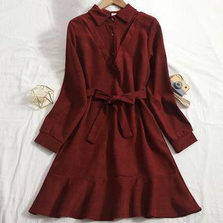 Mock Two-piece Long-sleeve Tie-front A-line Dress
