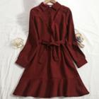 Mock Two-piece Long-sleeve Tie-front A-line Dress