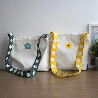 Floral Embroidered Shoulder Strap Canvas Crossbody Bag