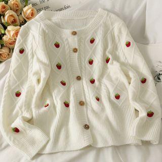 Strawberry-embroidered Button-up Sweater White - One Size
