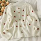 Strawberry-embroidered Button-up Sweater White - One Size