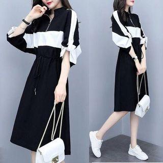 Puff-sleeve Half-zip Drawstring A-line Dress