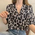 Elbow-sleeve Leopard Print Open-collar Crop Shirt