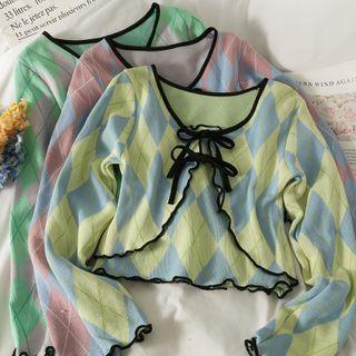 Argyle Ruffle-trim Camisole Top / Light Cardigan