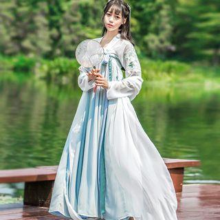 Hanfu Set: Long-sleeve Top + Strapless Maxi Dress + Scarf + Light Jacket