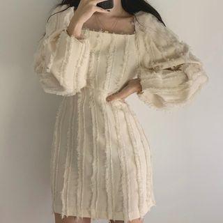 Puff-sleeve Fray Trim Mini Dress
