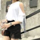Lace Ribbon Cut Out Shoulder Elbow Sleeve T-shirt