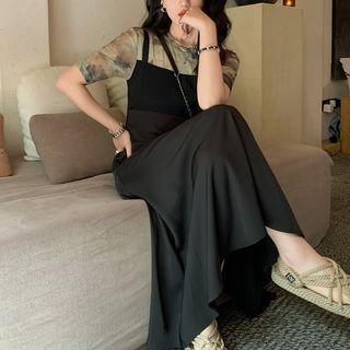 Short-sleeve Mock Two-piece Printed Midi A-line Dress