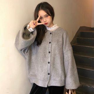 Lace Mock-neck Long-sleeve Top / Plain Puff-sleeve Oversize Cardigan