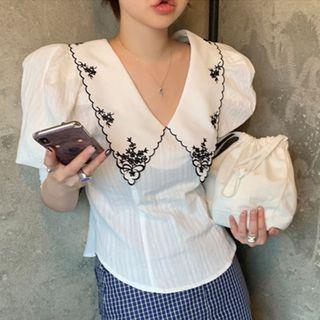 Embroidered Elbow-sleeve Top White - One Size