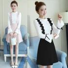 Set: Bell Sleeve Stand Collar Lace Blouse + Jumper Skirt