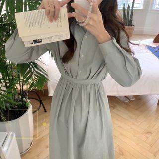 Long-sleeve Shirred Shirt Dress Pea Green - One Size