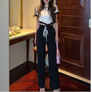 Short-sleeve Contrast Trim Top / High Waist Wide Leg Pants