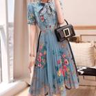 Short-sleeve Embellished Floral Print A-line Midi Dress