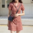 Short-sleeve Plaid Buttoned A-line Mini Shirtdress