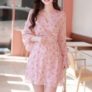 Bell-cuff Floral Chiffon Wrap Dress