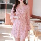 Bell-cuff Floral Chiffon Wrap Dress