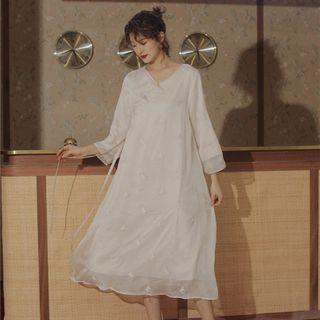 Frog-button Long-sleeve Midi A-line Lace Dress