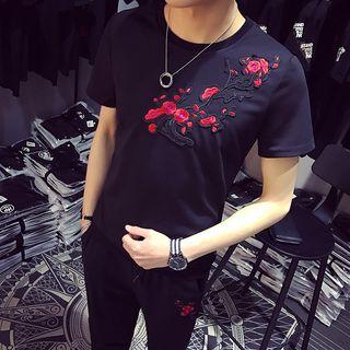 Set: Embroidered Short-sleeve T-shirt + Cropped Drawstring Pants