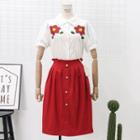 Flower-print Shirt / Paperbag-waistline A-line Skirt