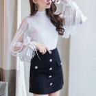Set: Long-sleeve Lace Panel Knit Top + Mini Skirt