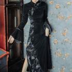 Bell-sleeve Print Velvet Midi Qipao Dress