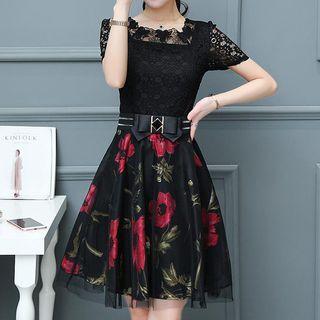 Print Lace Panel Short-sleeve Dress