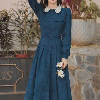 Puff-sleeve Lace Collar Belted Midi A-line Dress