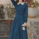 Puff-sleeve Lace Collar Belted Midi A-line Dress