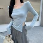 Long-sleeve Scoop-neck Slit Irregular Crop Top