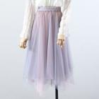 Bell-sleeve Shirred Blouse / A-line Mesh Skirt