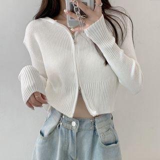 Plain Slim-fit Hooded Zip Cardigan