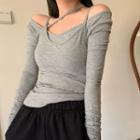 Set: Asymmetrical Long-sleeve T-shirt + Camisole Top Gray - One Size