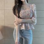 Elbow-sleeve Floral Print Shirred Top