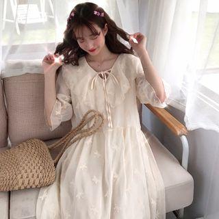 Lace-up Elbow-sleeve Midi Dress Almond - One Size
