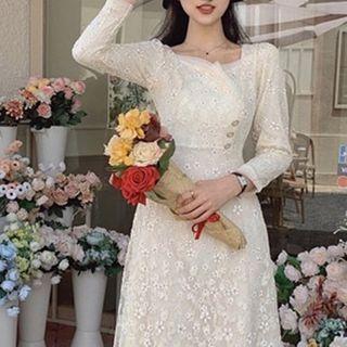 3/4-sleeve A-line Eyelet Lace Dress