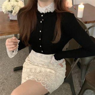 Lace Trim Cardigan / Mini Pencil Skirt