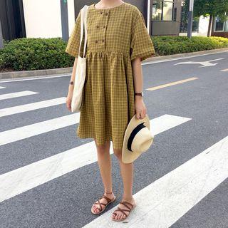 Buttoned Check Elbow-sleeve A-line Dress