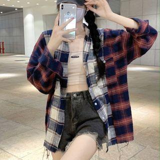 Long-sleeve Patched Plaid Button-up Shirt White & Red - One Size