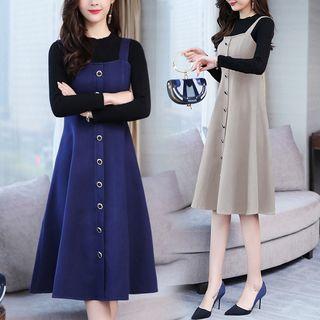 Set: Ribbed Knit Top + Midi A-line Pinafore Dress