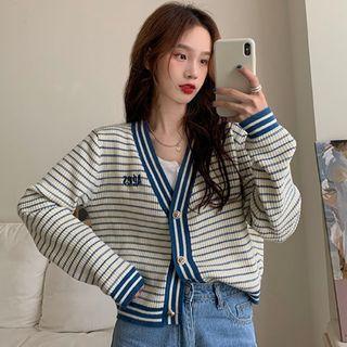 Striped Knit Sweater Jacket Blue+white - One Size
