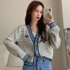 Striped Knit Sweater Jacket Blue+white - One Size