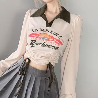 Long-sleeve Collar Lettering Drawstring Crop Top
