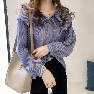 Long-sleeve Peter Pan Collar Stripe Loose Fit Blouse