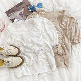 Short-sleeve Lace Trim V-neck Drawstring Cropped Top