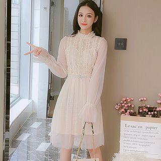 Long-sleeve Lace Paneled Mesh A-line Dress